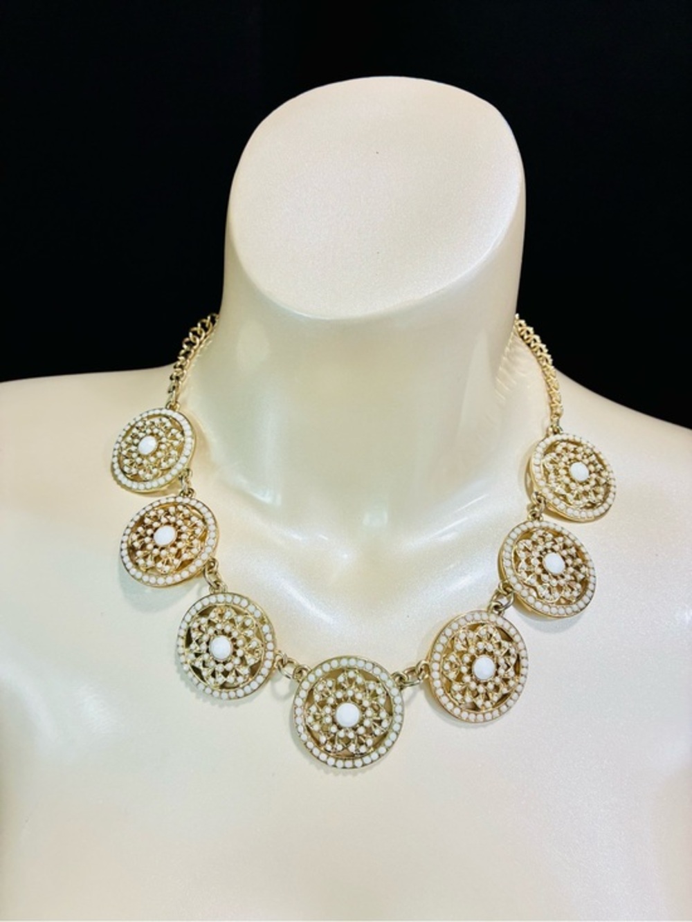 Gold Filigree Medallion Necklace with White Faux Seed Pearl Like Accents